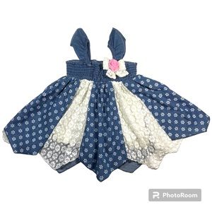 NWOT printed chambray and ivory lace smocked handkerchief dress Size 18M